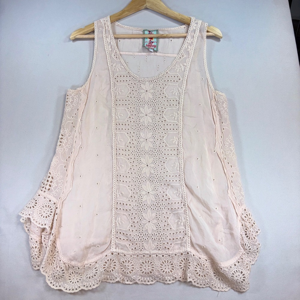 Johnny Was Tank Top Women Medium Peach Eyelet Embroidered Boho Sleeveless Blouse